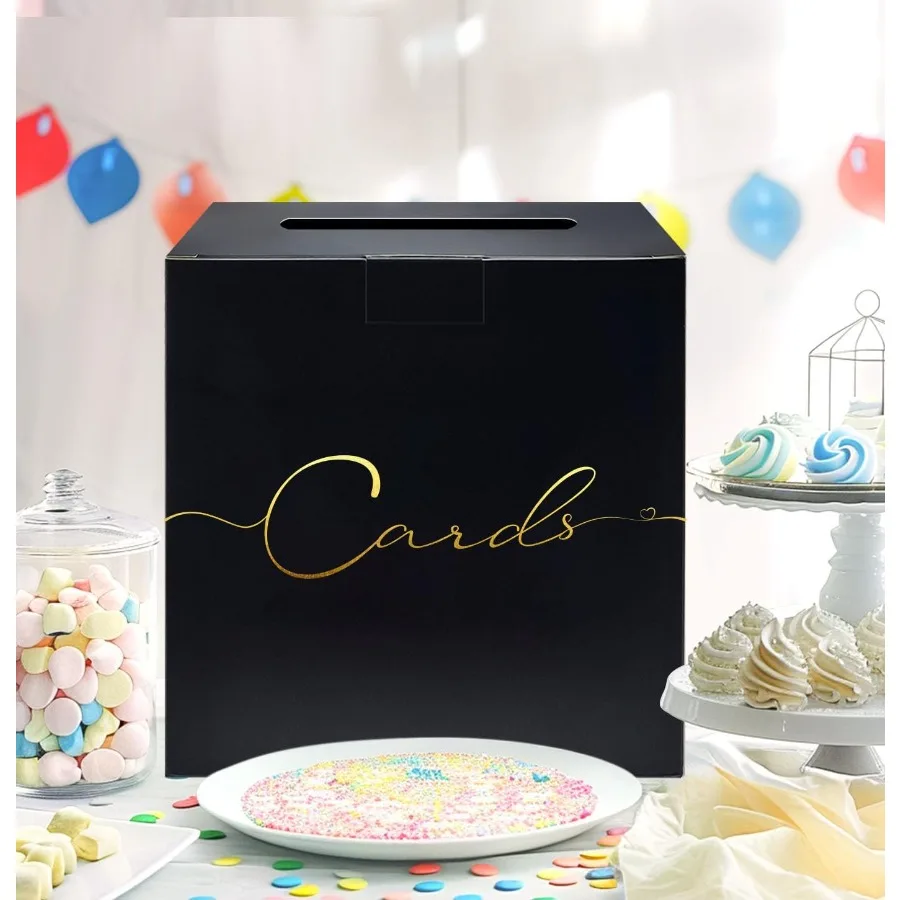 パーティー用大型カードボックス 9.8インチ x 9.8インチ ブラック ギフトカードボックスホルダー ゴールド箔デザイン 結婚式 誕生日 ベビーシャワー 退職祝い用