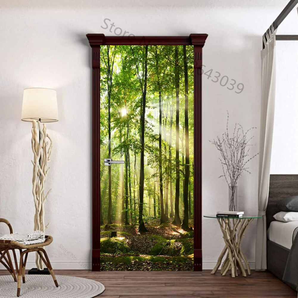 Moon Door Sticker PVC 3D DIY Self-Adhesive Waterfall Sunshine Forest Wallpaper Living Room Art Poster Mural Lake Stickers Home