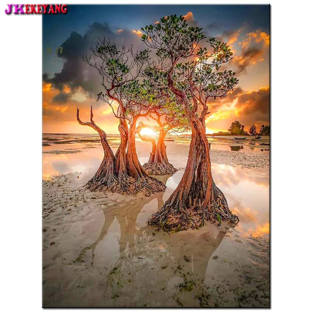 5D cross Stitch Diamond Embroidery seaside sunset and trees DIY Diamond Painting Diamond Mosaic Decor Bathroom art Y4836