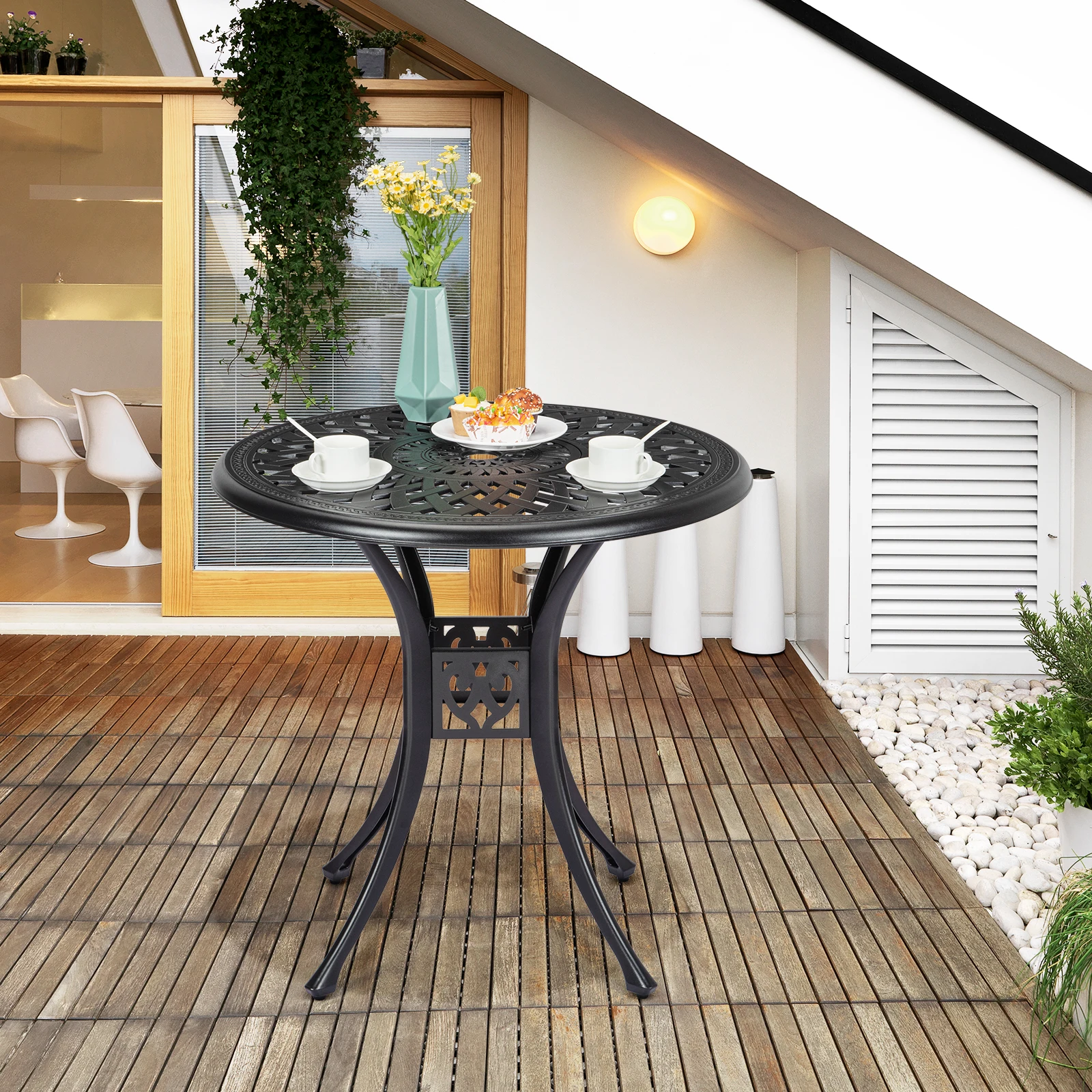 Patio Bistro Table, Cast Aluminum Round Outdoor Table, Bistro Table with Umbrella Hole, for Poolside, Deck, Porch, Backyard