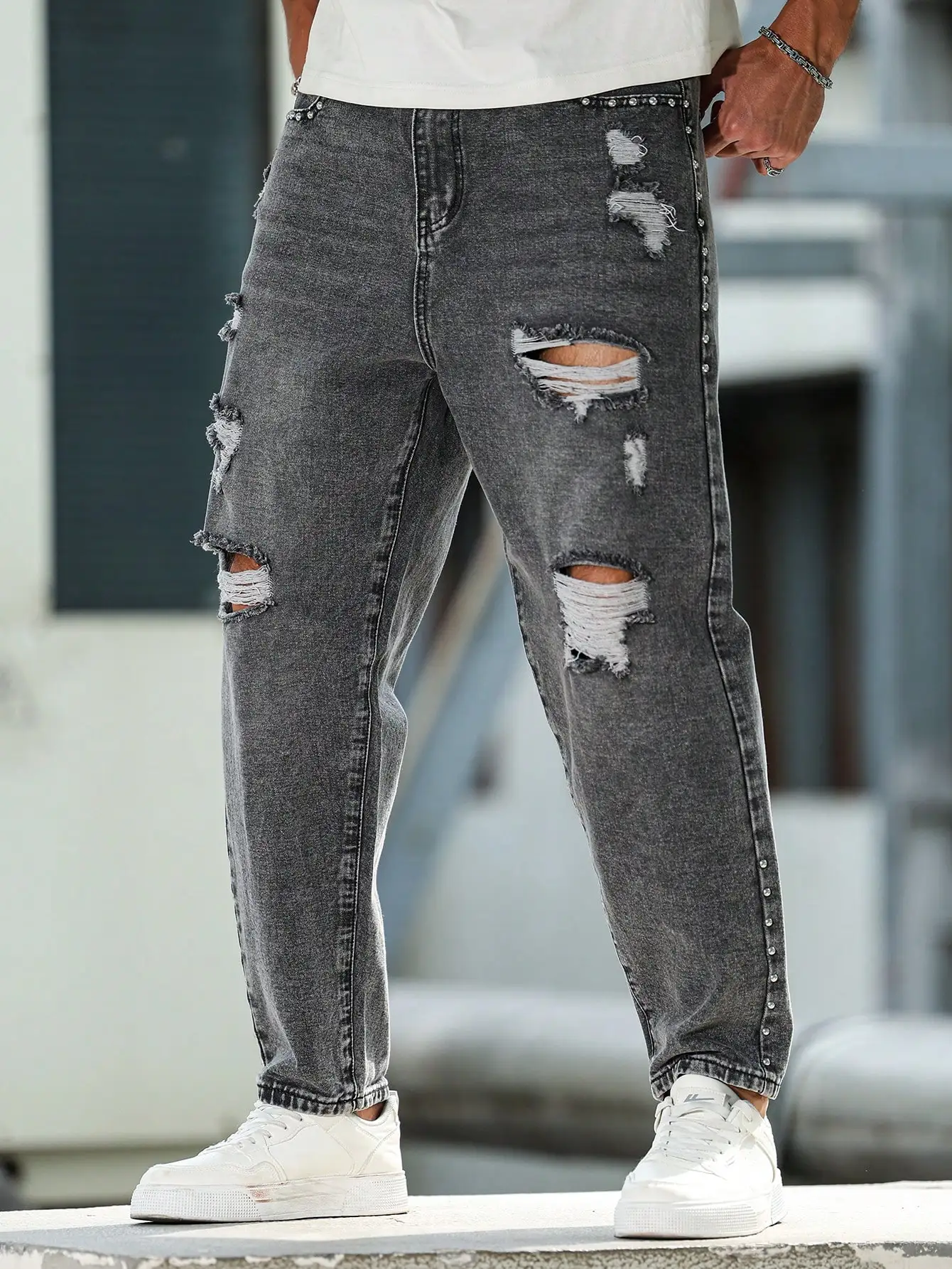 Pop Men's Trendy Black - Gray Ripped Jeans, Loose Harem Casual Pants With Personalized Rivet Decoration
