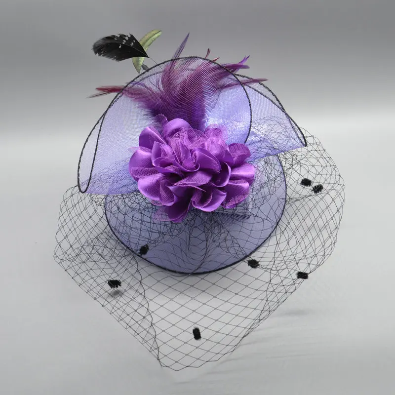 Wedding Hat Purple Red with Birdcage Veil Party Hair Accessories For Women Tocado Boda Invitada украшения для волос