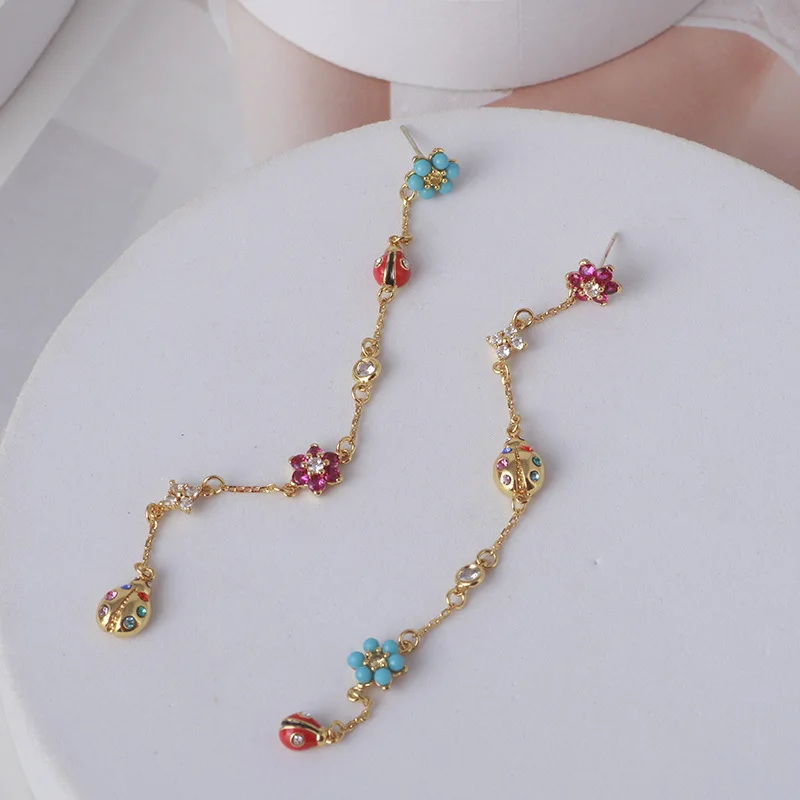

European and American Fashion Jewelry Simple Colorful Flowers Ladybug Long Tassel Dangle Earrings for Women