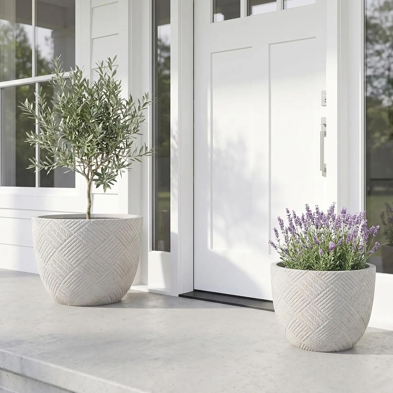 Set of 2 Rustic Grey Magnesium Oxide Round Planters 15 Inch & 18 Inch, Handcrafted Indoor & Outdoor Plant Pots with Drainage Holes for Patio Front Porch and Garden Floral Decor