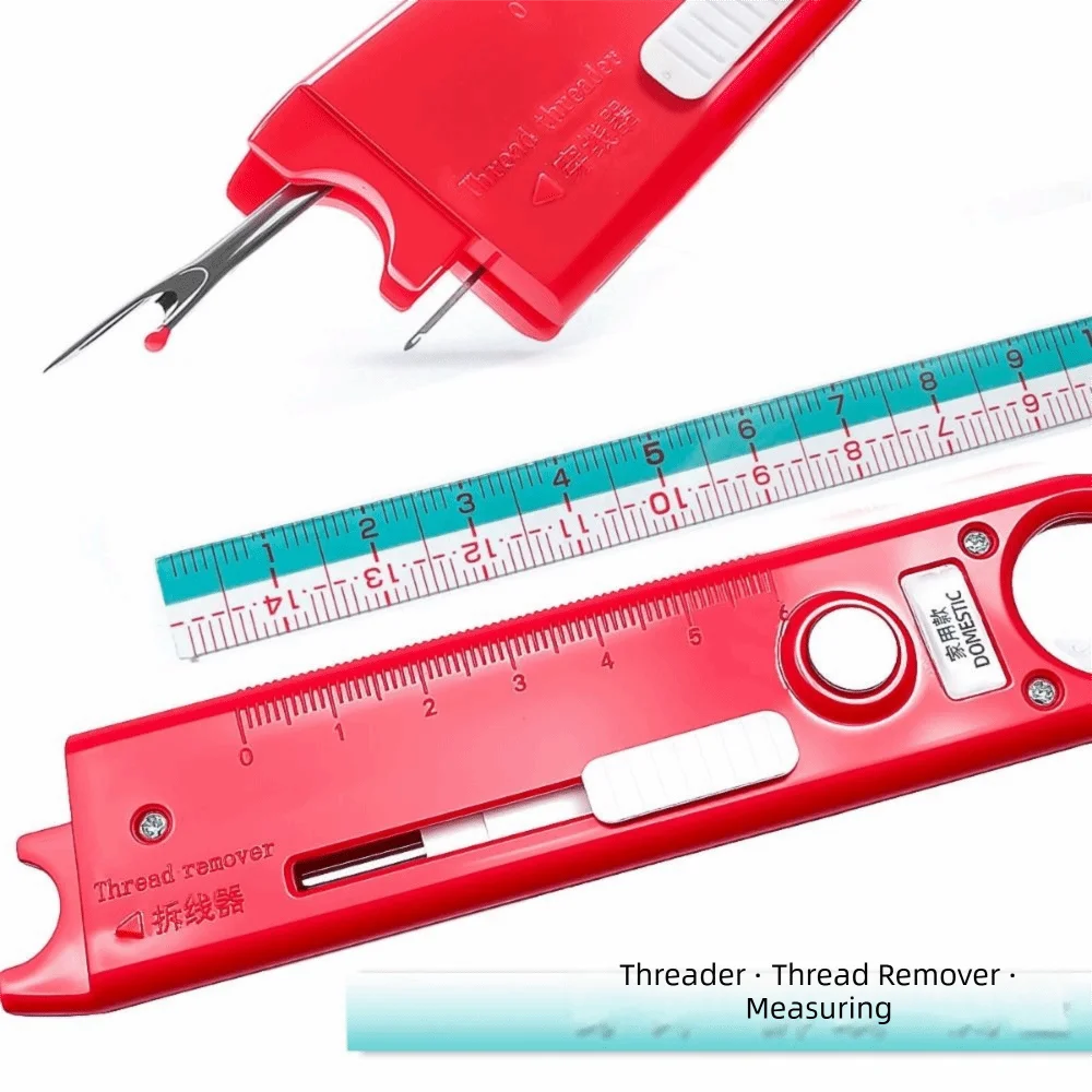 4 in 1 Needle Threader Built-In Ruler Fast Pass Automatic Threader Compact Multi-Functional Quick Threading Tool Tailoring