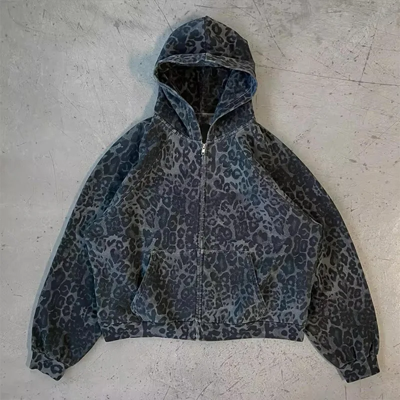 

European and American trends hip-hop street fashion casual loose leopard neutral wind y2K cardigan zipper hooded sweater girl