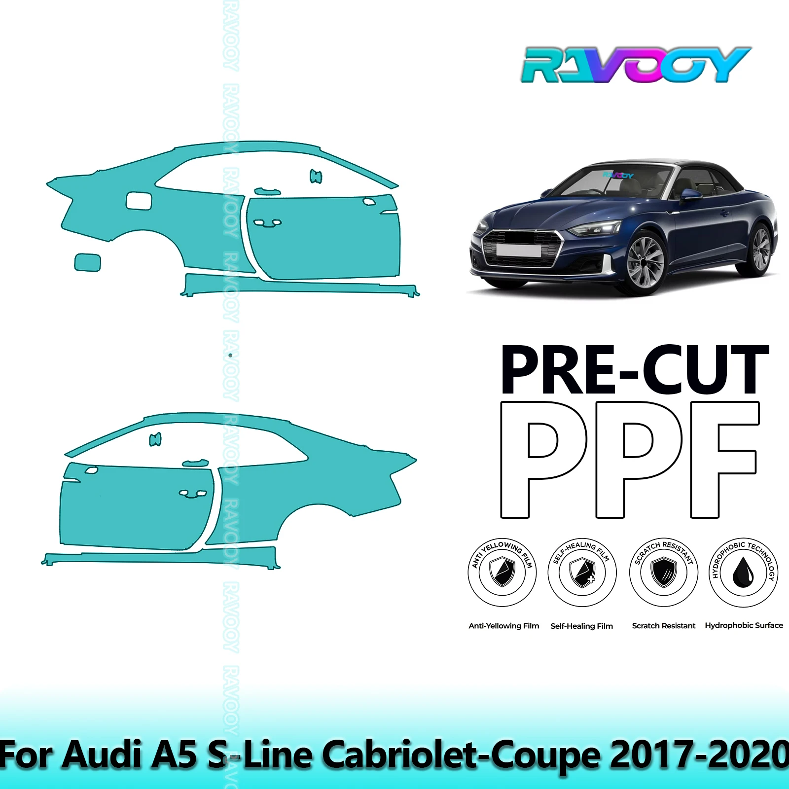 

For Audi A5 S-Line Cabriolet-Coupe 2017-2020 8.5mil Clear Matte Pre-Cut PPF Door & A/B Pillar Kit TPU Paint Protection Film Set