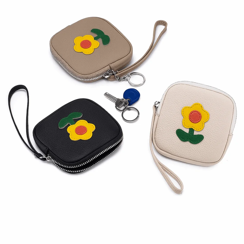 Multifunctional Small Flower Wallet with Keychain Leather Mini Lipstick Bag Zipper Lovely Earphone Storage Bag For Mom