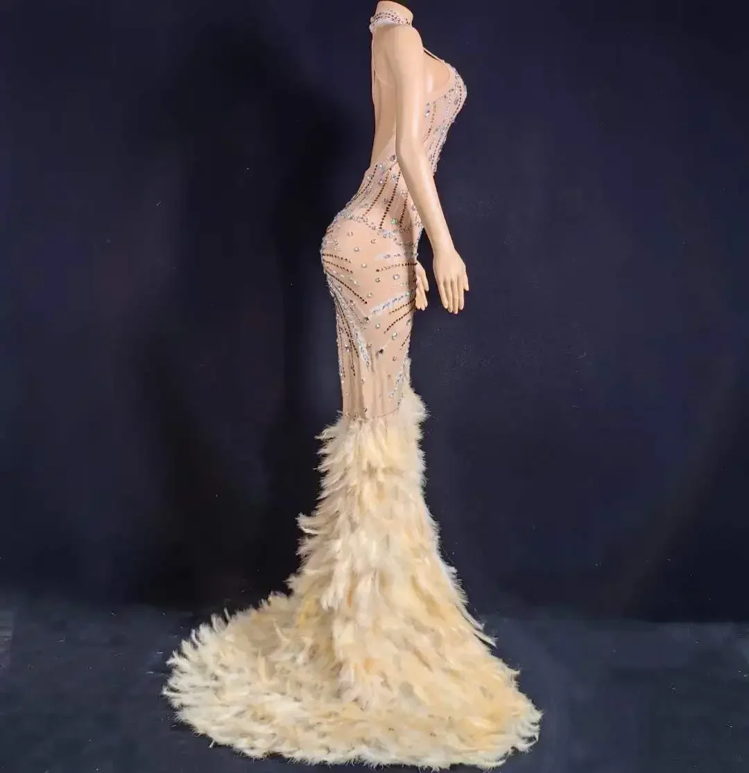 Vestido Sexy sin espalda con plumas y diamantes de imitación para mujer, vestido de Reina de cumpleaños, fiesta nocturna, graduación, cristales, vestido 2025