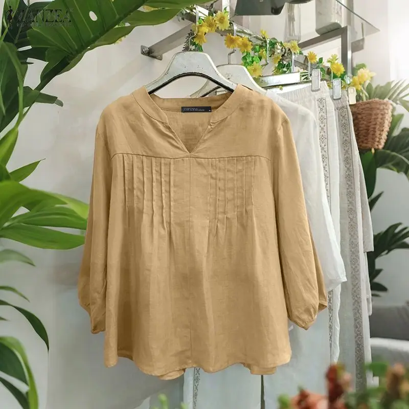 ZANZEA 女性スタイリッシュなトップスファッションパフスリーブ V ネック無地ブラウスサマーシャツ 2026 ルーズエレガントな仕事 OL 女性 Blusas