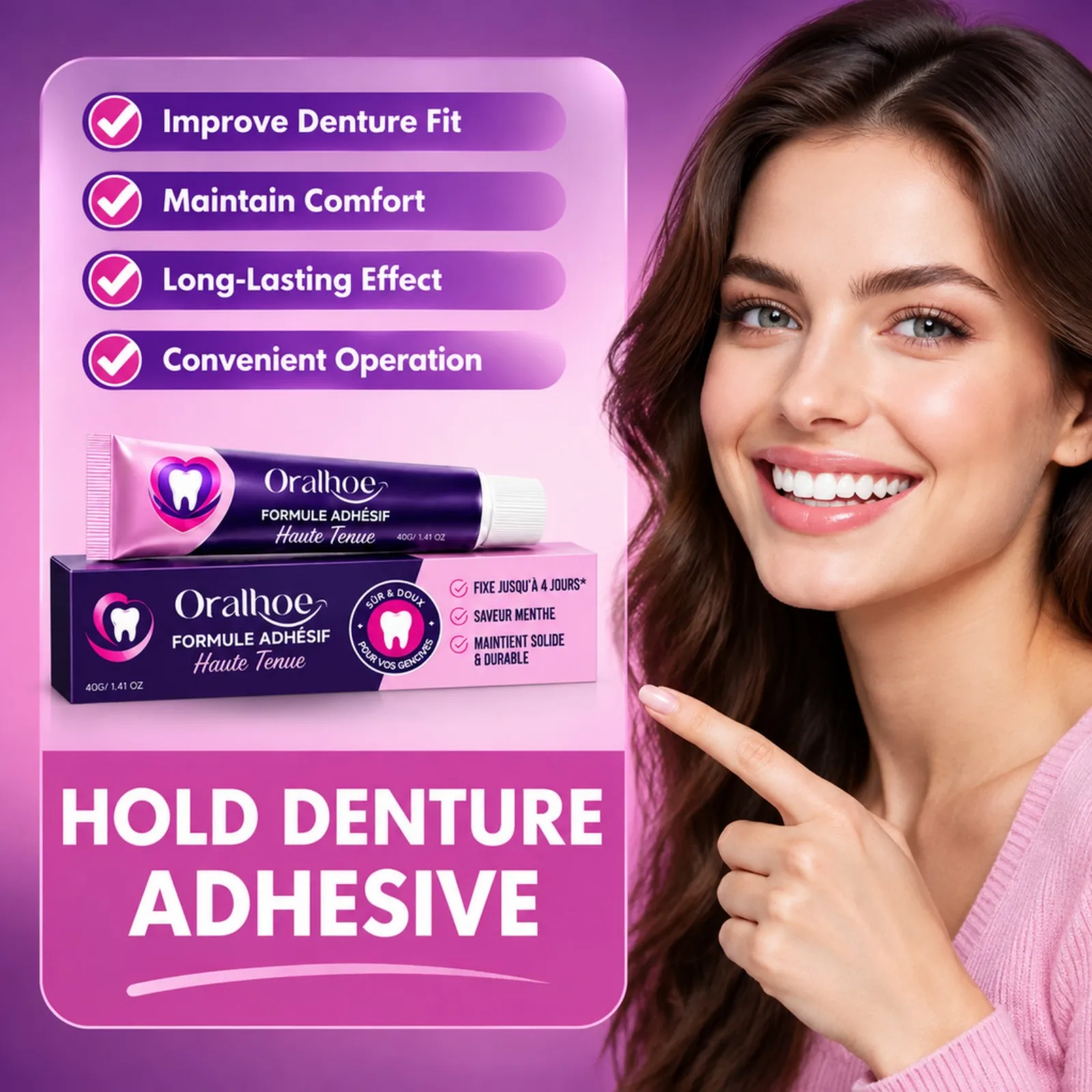 Denture Adhesive 40g Long Lasting Hold Enhances Denture Fit Comfortable Wearing Mint Flavor Portable Tube Easy to Use Oral Care