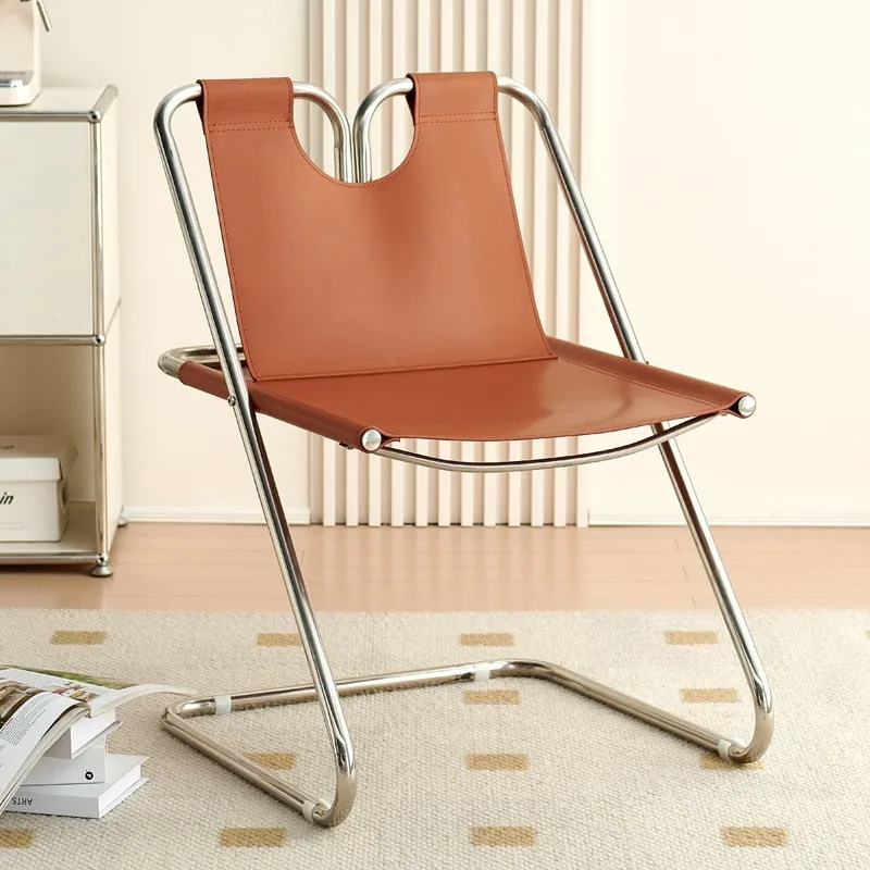 MOMO Simple Dining Chair Modern Saddle Leather Thickened Leather Chair Antique Metal Stainless Steel Leather Backrest Chair