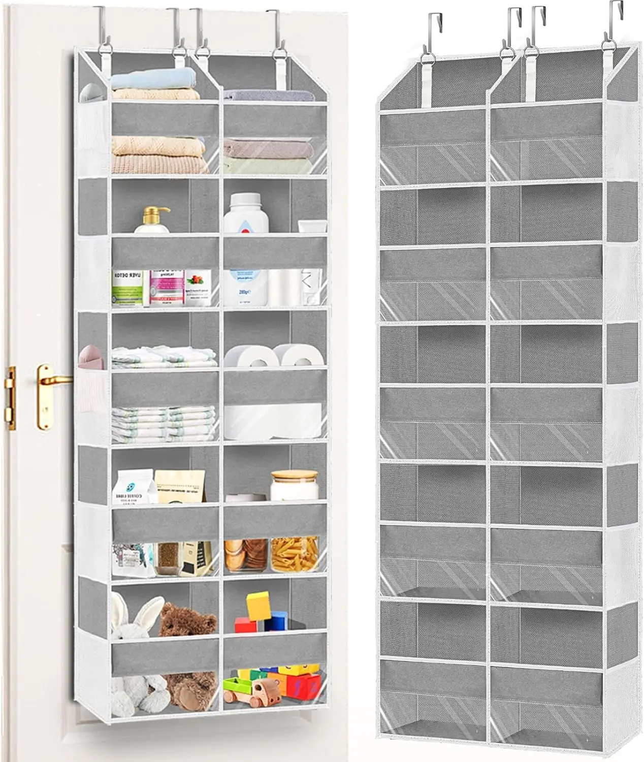 5-Tier Over Door Organizer, 80lb Capacity, 20in Wide, Clear Window, 10 Front & 10 Mesh Pockets, Light Grey