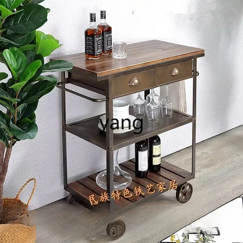 LMMM American retro solid wood wrought iron removable wheeled dining side cabinet kitchen cooking table