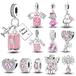 925 Sterling Silver Pendants Zircon Pink Love Heart Charms Beads Fit Original Bracelet Bangles DIY Jewelry For Women