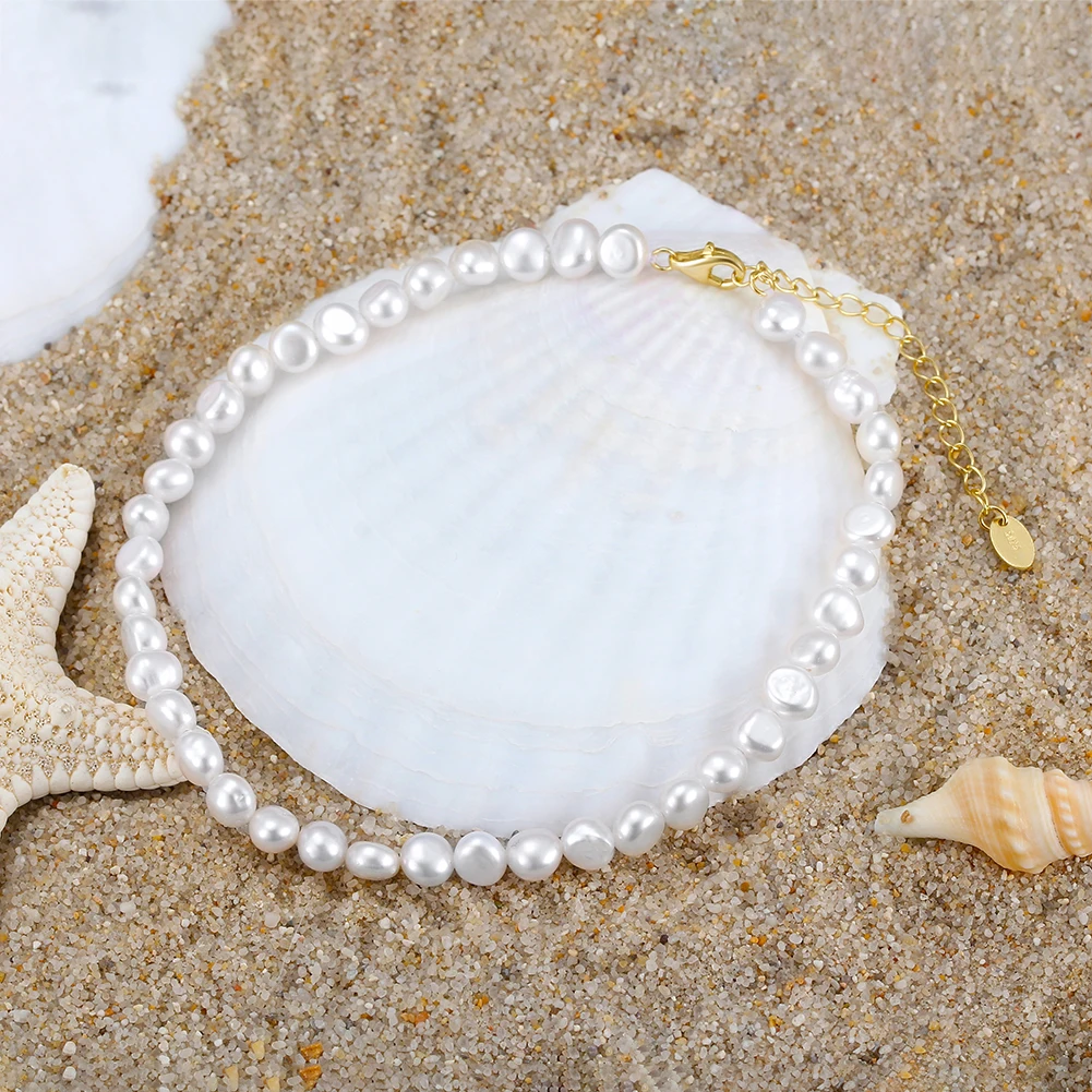 KISS MANDY Bohemian Simple Natural Pearl Anklet 925 Silver Summer Beach Bracelet on the Leg Foot Bracelet Sandals Jewelry SA39