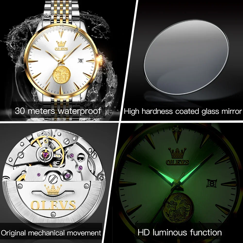 OLEVS Men\'s Automatic Movement Watch Luxury Stainless Steel Watches for Men Waterproof Luminous Mechanical Wristwatch Male Clock