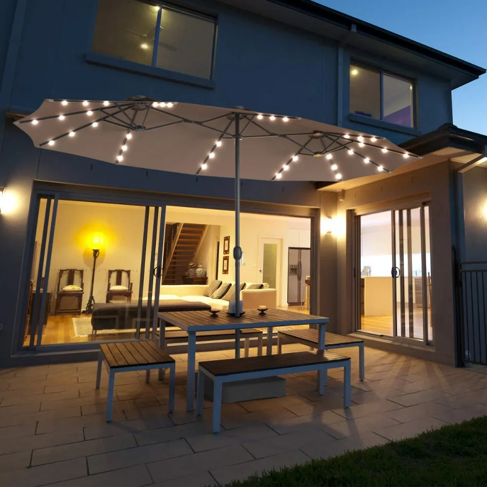 

15 Ft Solar Patio Umbrella with Base, Extra Large Outdoor Double-Sided Twin Umbrella with 36 LED Lights & Crank, Customized