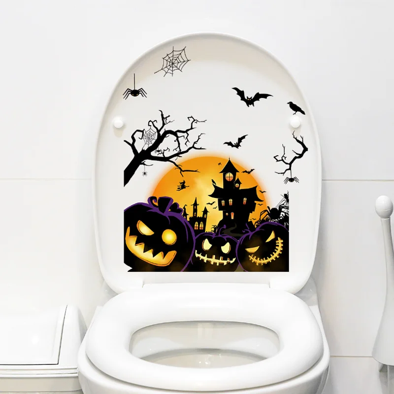 Pumpkin Lantern Bat Halloween Wall Stickers Window Glass Toilet Sticker Bathroom Decoration Self-adhesive Removable Waterproof