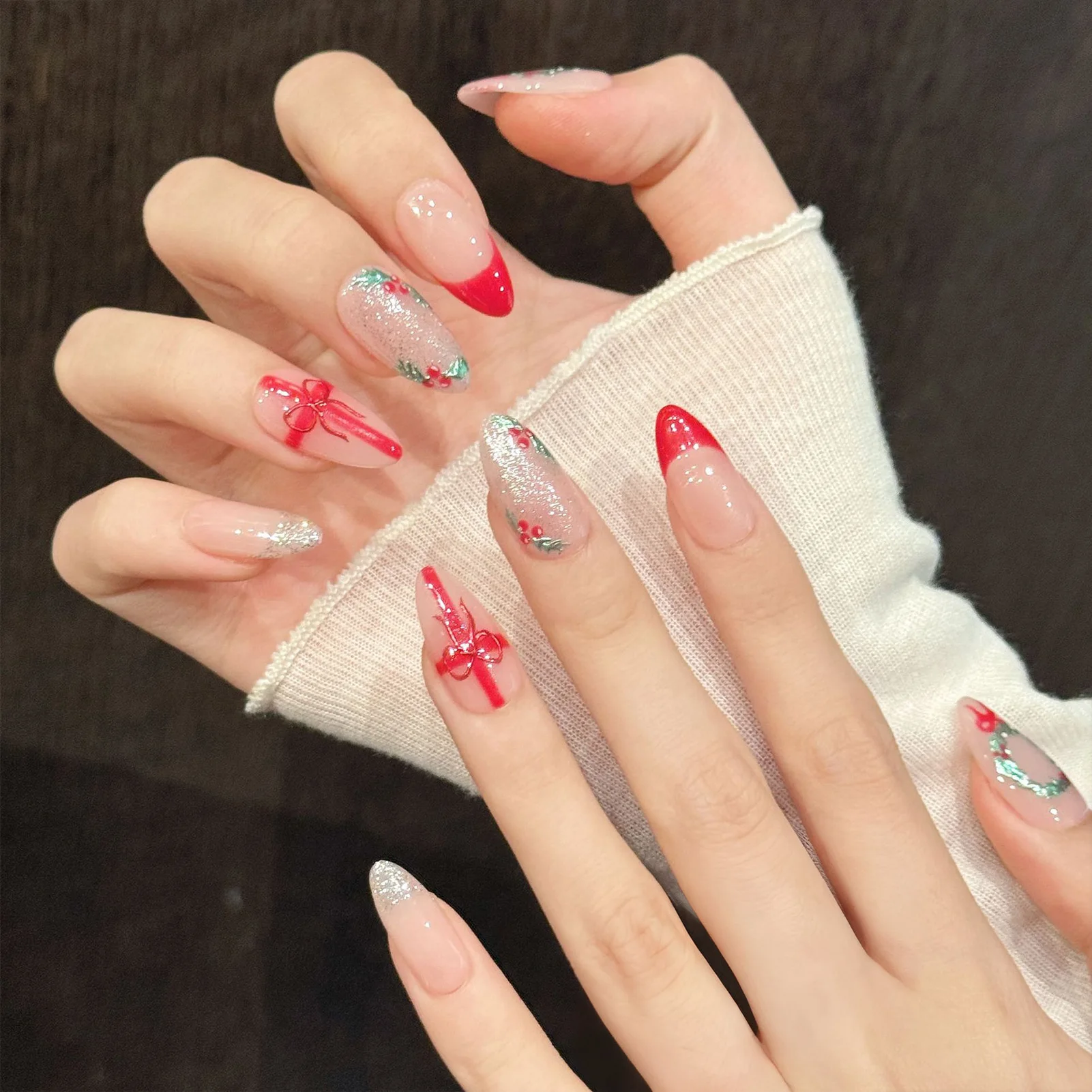 

Almond Shape Press On Nails Christmas Wreath Design Sweet Red Fake Nails For Holiday Party