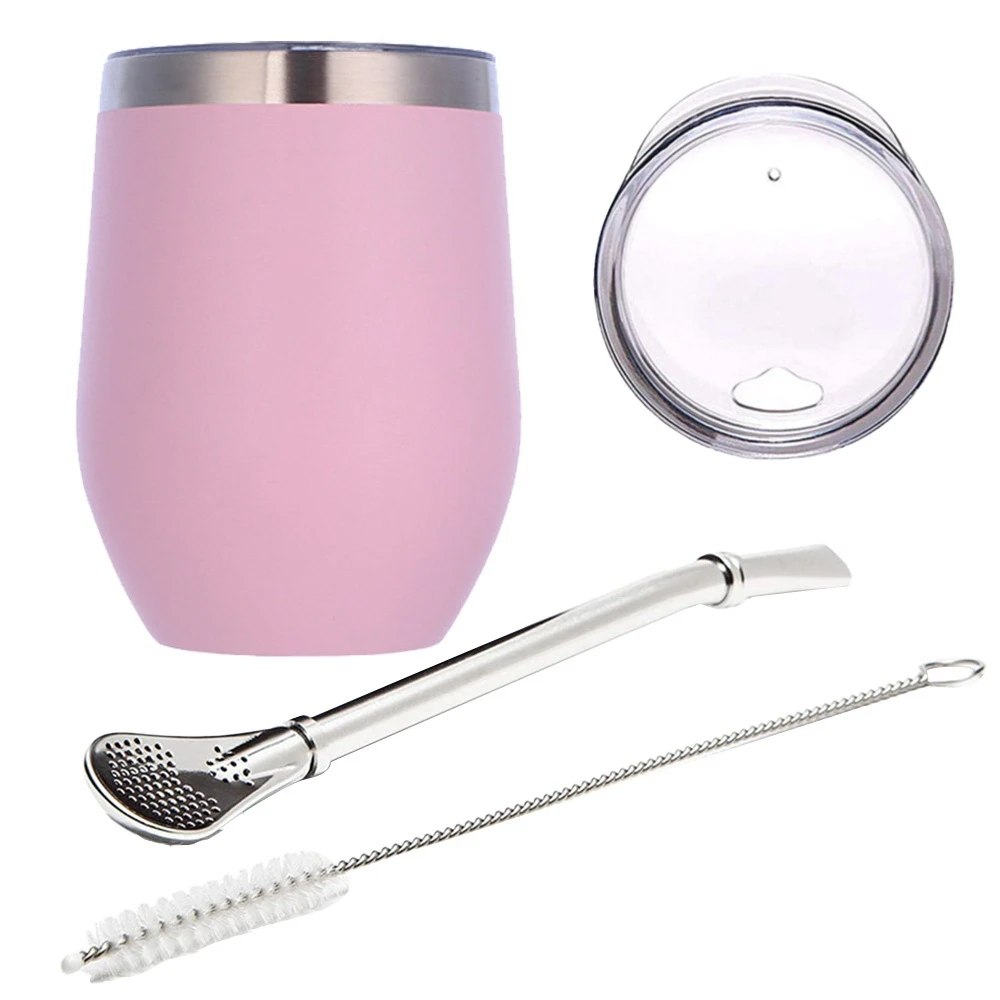 Double-Wall Stainless Yerba Gourd Mate Tea Set Water Mate Tea Cup with Lid Spoon Straw Bombilla Head Filter Brush Pink