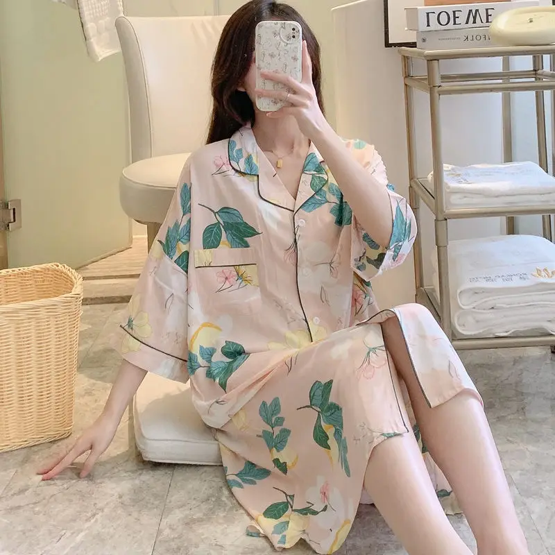 Poplin Pajamas Women\'s Summer Thin Artificial Cotton Nightdress Simple Printed Large Size Homewear Casual Fashion Sleepwear 2024