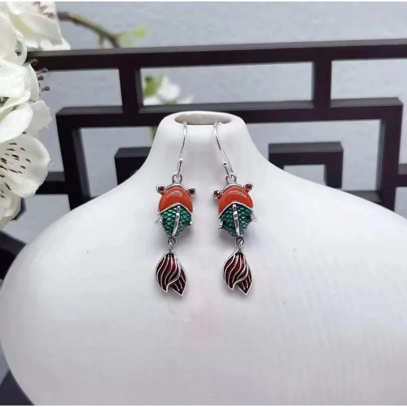 

‌ Серьги Cloisonome S925 из стерлингового серебра Lucky Koi Fish, женские винтажные потертые изысканные классические элегантные уникальные ювелирные изделия ‌
