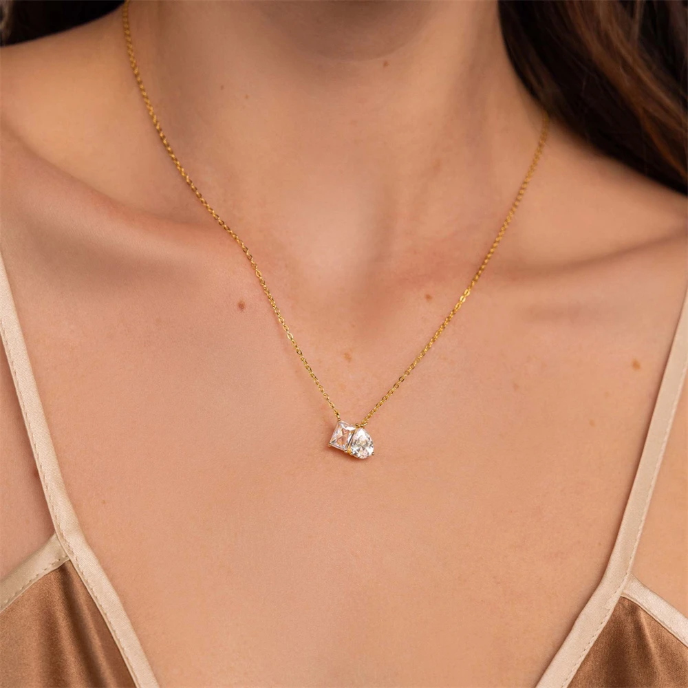 Geometry Cubic Zirconia Square Necklace Fashion Stainless Steel Crystal Tear Necklace Collares Tendencia 2025 Wedding Jewelry