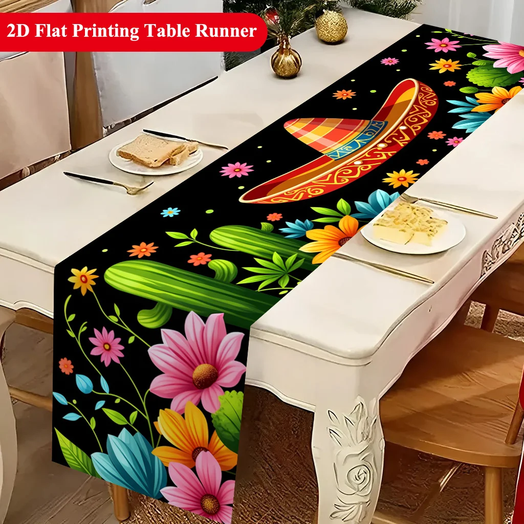 1pc 2D Flat Mexican Style Element Print Polyester Table Runner Rectangular For Dining Kitchen Restaurant Party Decor
