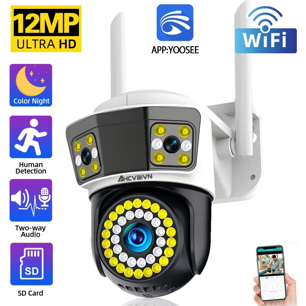 

12MP Three Lens WiFi PTZ IP Camera Outdoor Three Screens Protection Auto Tracking Color Night Vision CCTV Survalance Cameras 4K