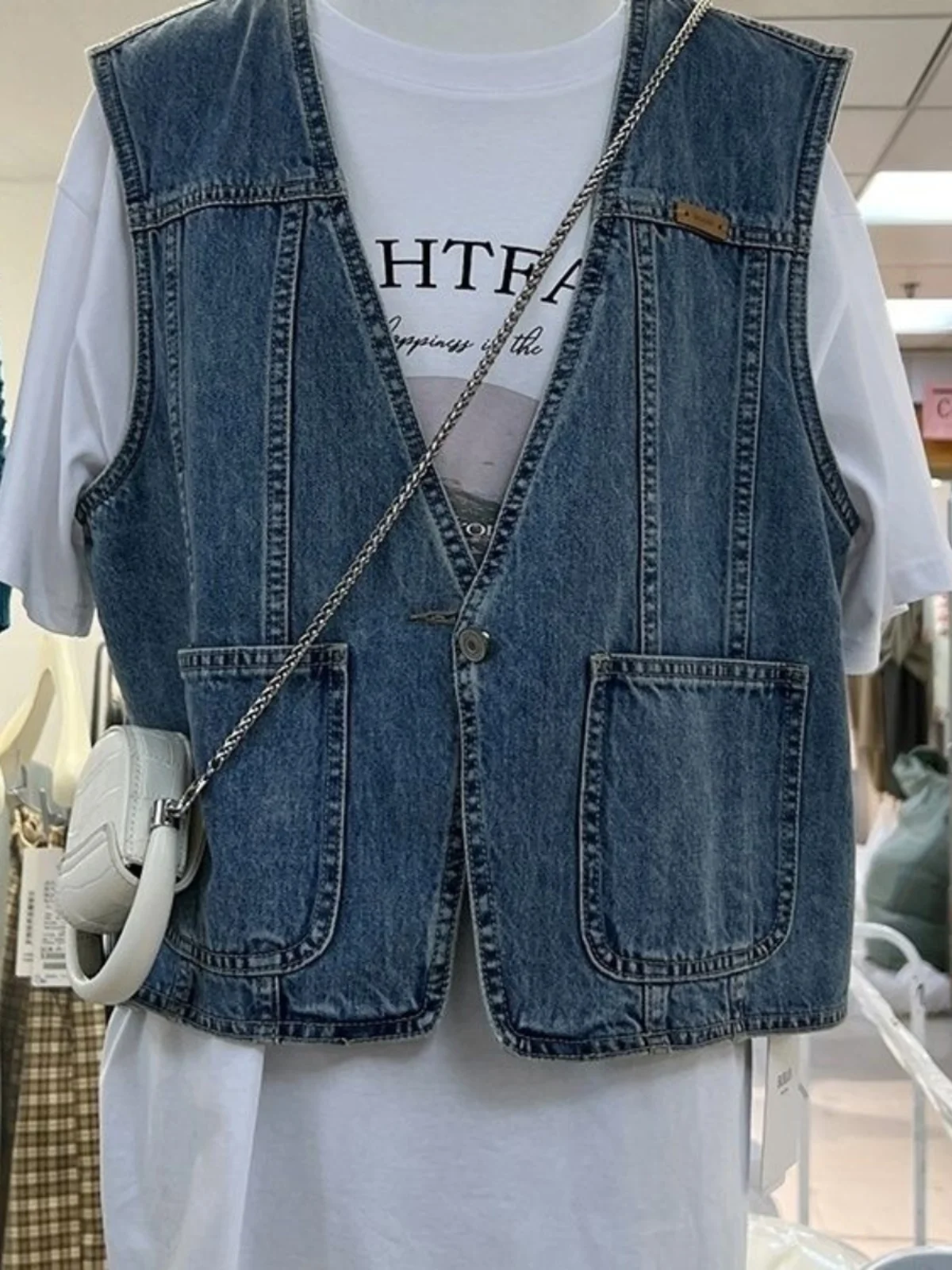 

Faionable ort Svel Denim Vest Women's Outerwear Casual Loose Sle V-Ne ket Design Commute Suitable