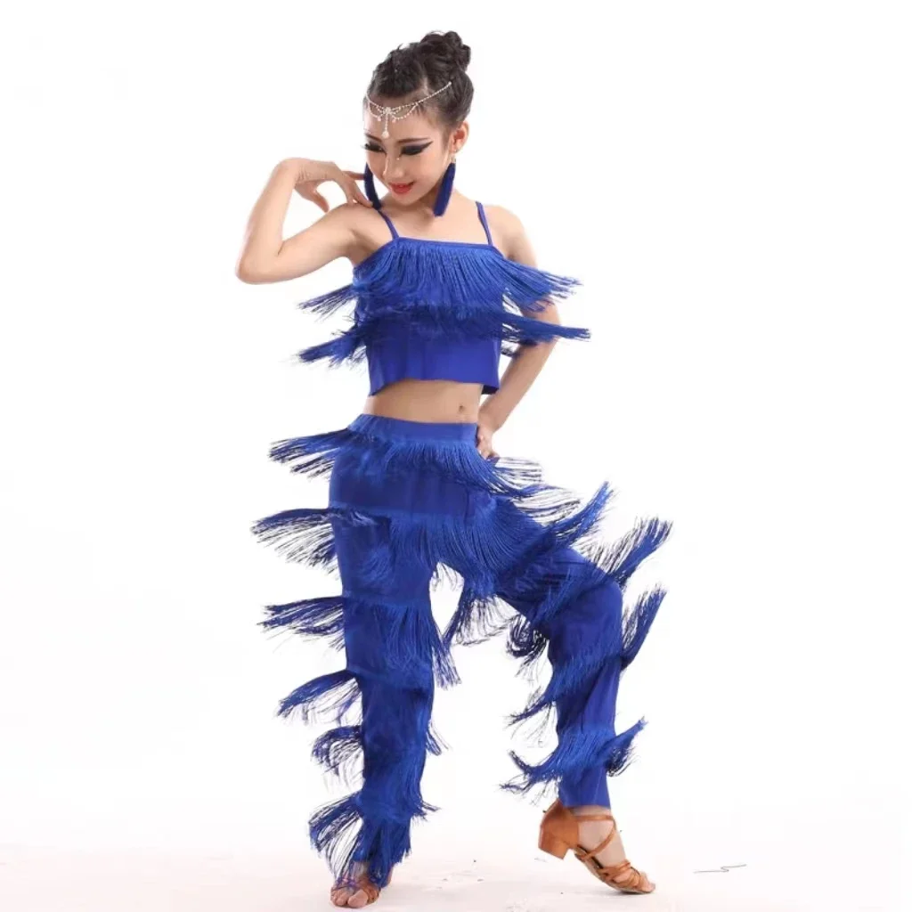 1set/lot Latin Dance set Ballroom Plus Size Fringe Tassel Pants and top solid Fringe Latin dancing Costumes 4 Color