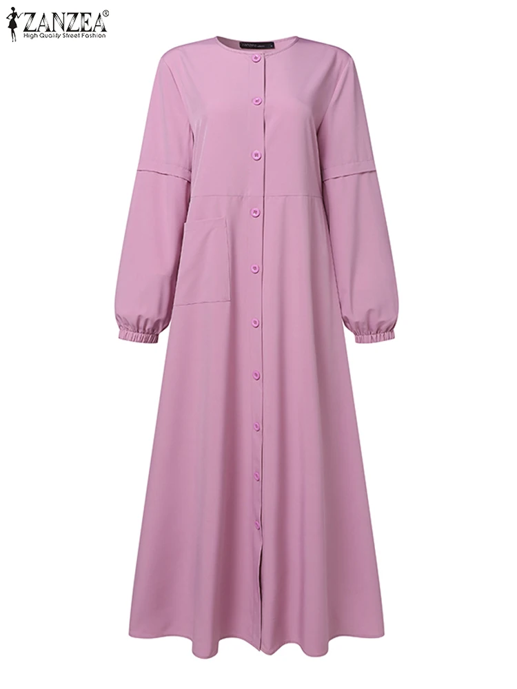 Kobiety sukienka muzułmańska ZANZEA indyk Abaya Dubai szata wiosenna elegancka, długa rękaw guziki w dół Maxi Vestidos Kaftan odzież IsIamic