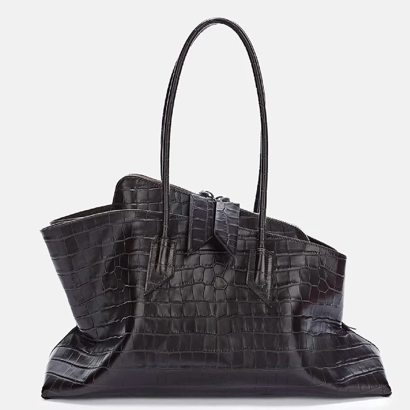 Retro Crocodile Pattern Large Capacity Tote Bag Design Women's Pleated  Leather Shoulder Bag Female Daily Commuter Bag 2025