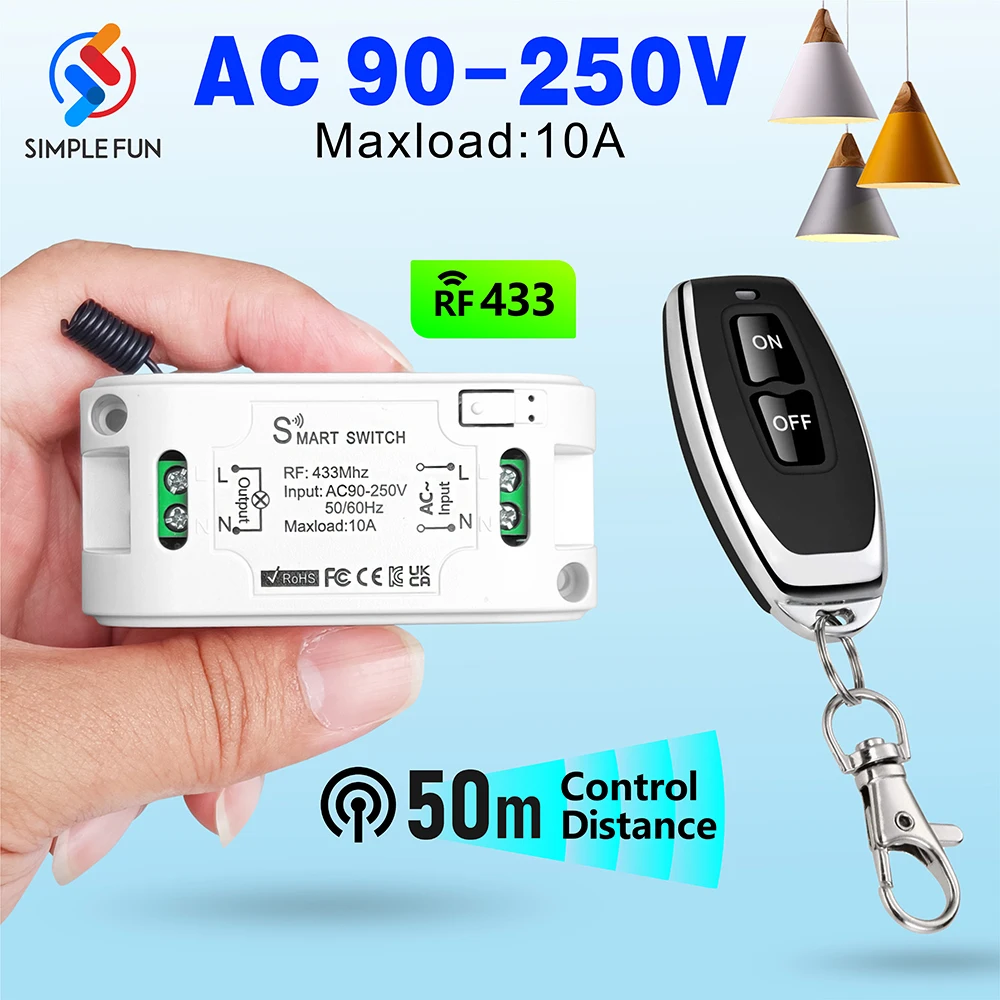 

Universal Wireless Remote Control Switch AC 110V 220V 10A RF433MHz Mini Relay Receiver,50 Meters Transmitter,for Lamp Fan ON/OFF