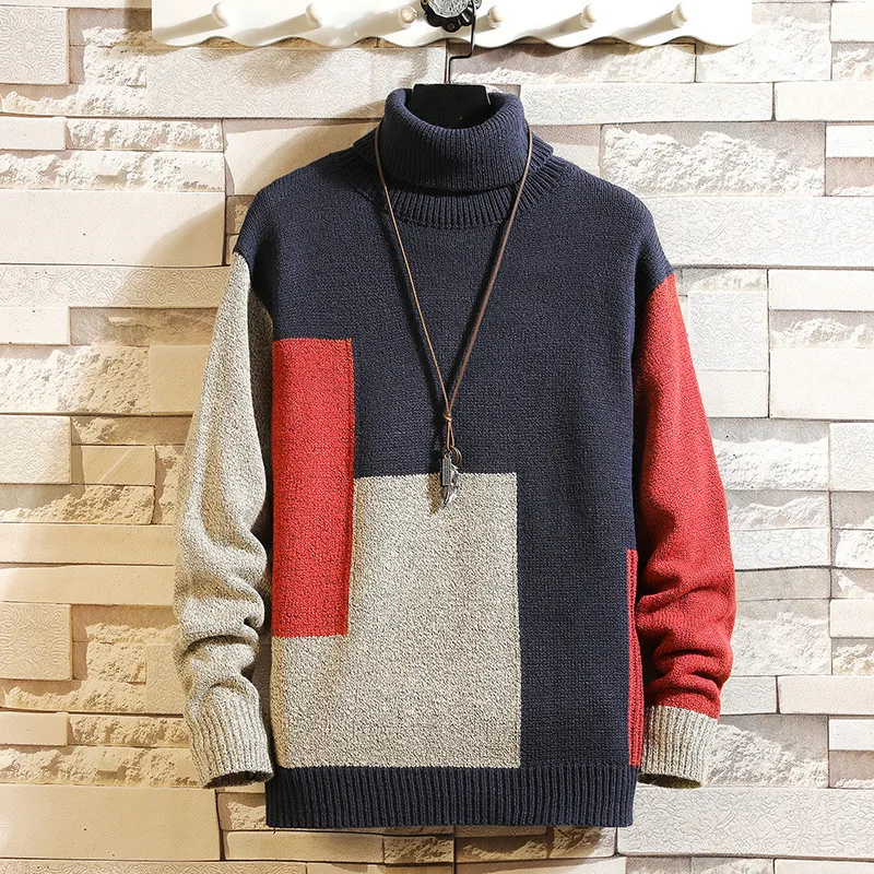 

Plus Size Winter Mens Turtleneck Sweaters Warm Knitted Pullovers Men Fashion Patchwork Loose Casual Sweater Turtleneck Pullovers