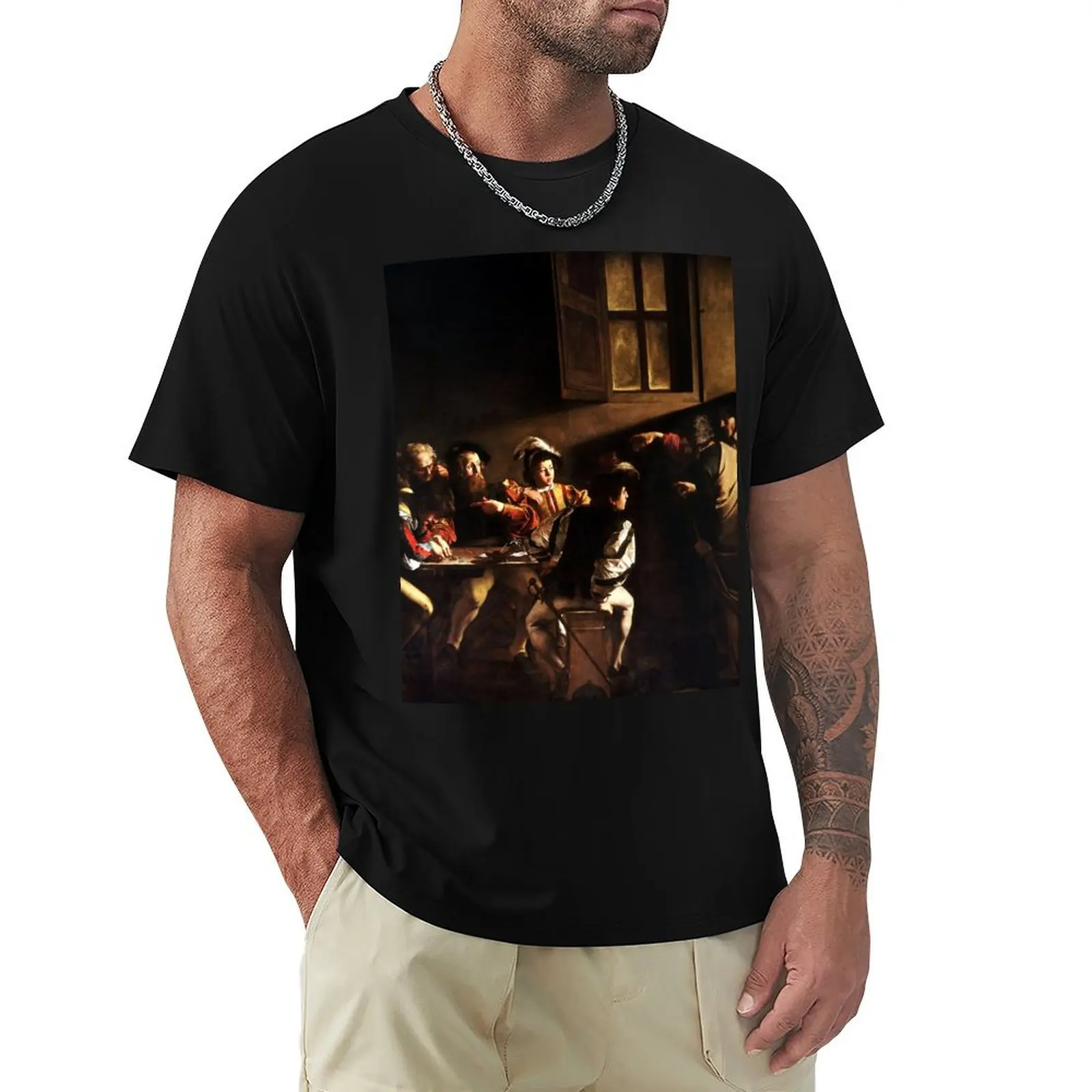 

The Calling of St Matthew by Caravaggio (1600) T-Shirt Labor Work Casual T-Shirt