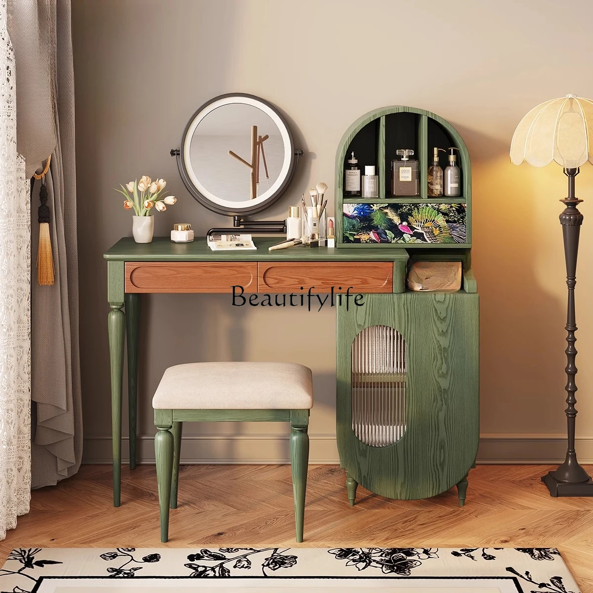 

French retro dresser solid wood retractable makeup table medium antique green dresser