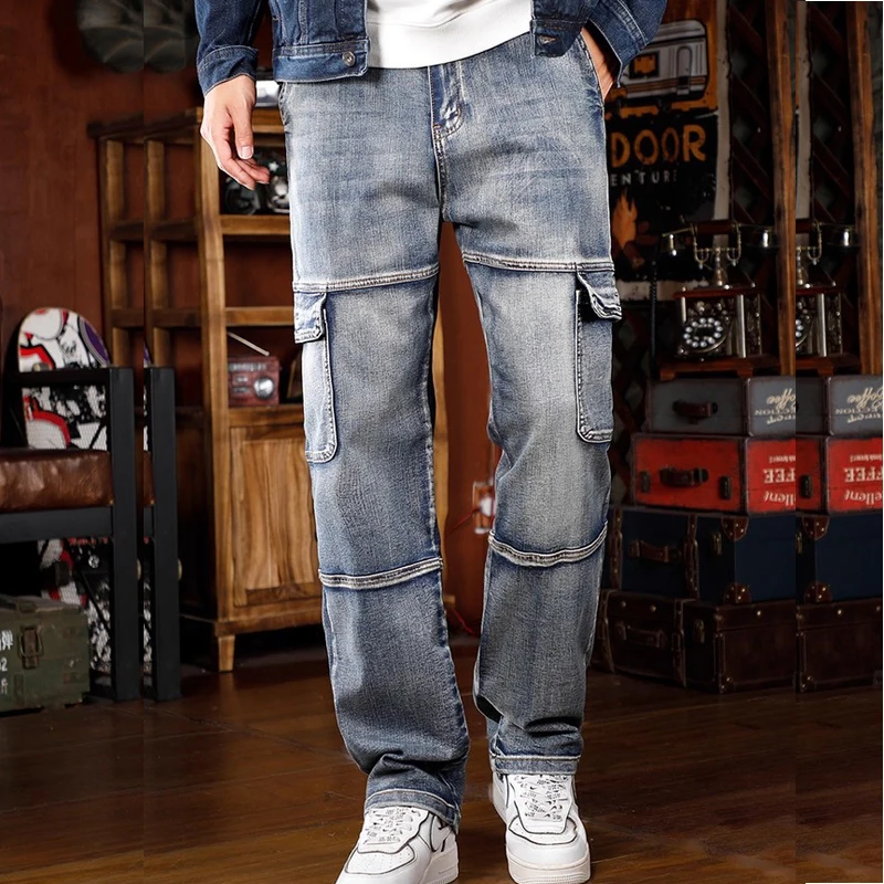 

Spring and Autumn New Men's American Outdoor Work Jeans Straight Leg Loose Multi-Pocket Stretch Jeans Large Size 28-44