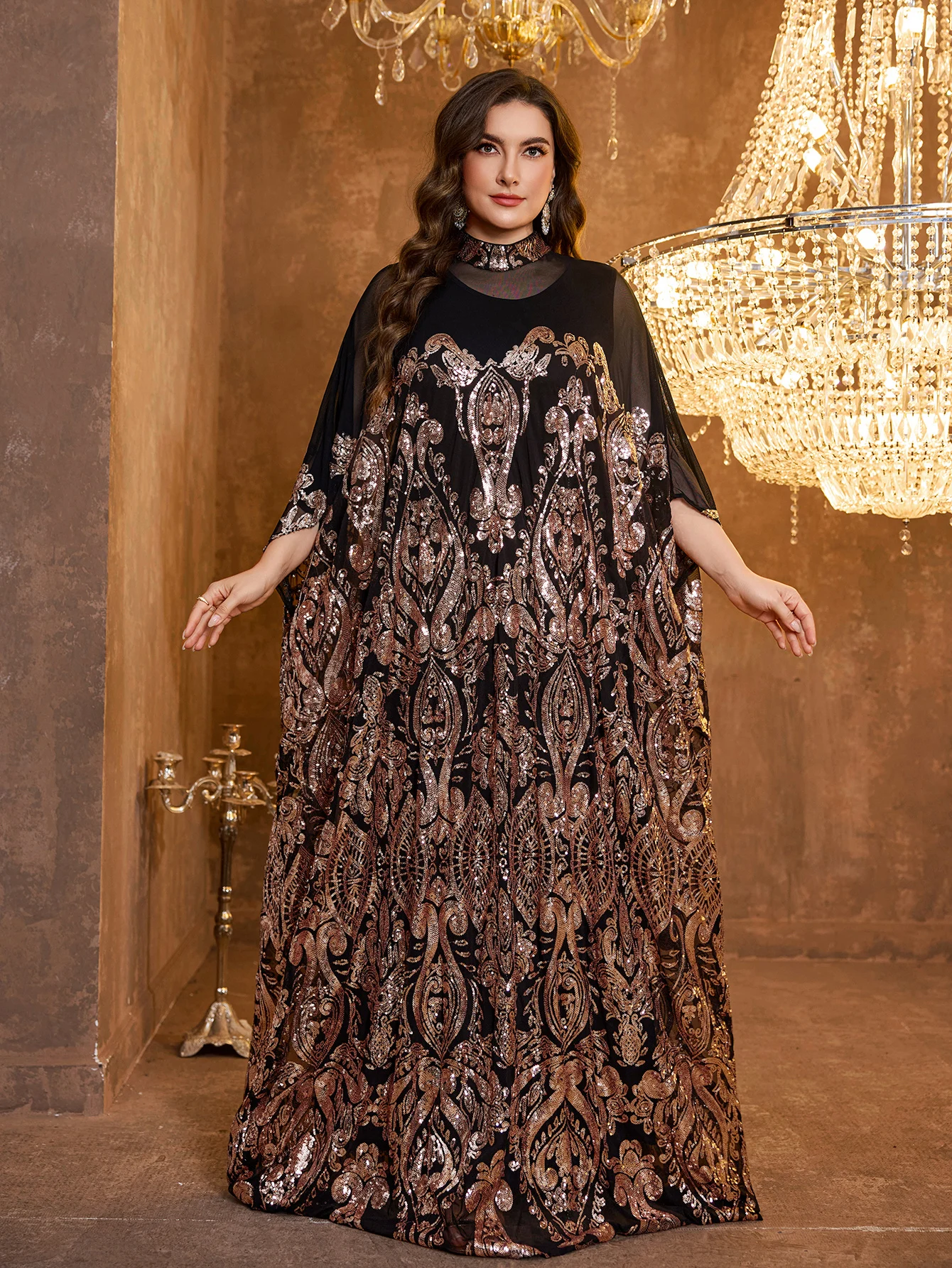 

UNITHORSE [Random Print] Plus Women's Stand Collar Long Sleeve Reversible Sequin Patchwork Mesh Fabric Temperament Evening Dress