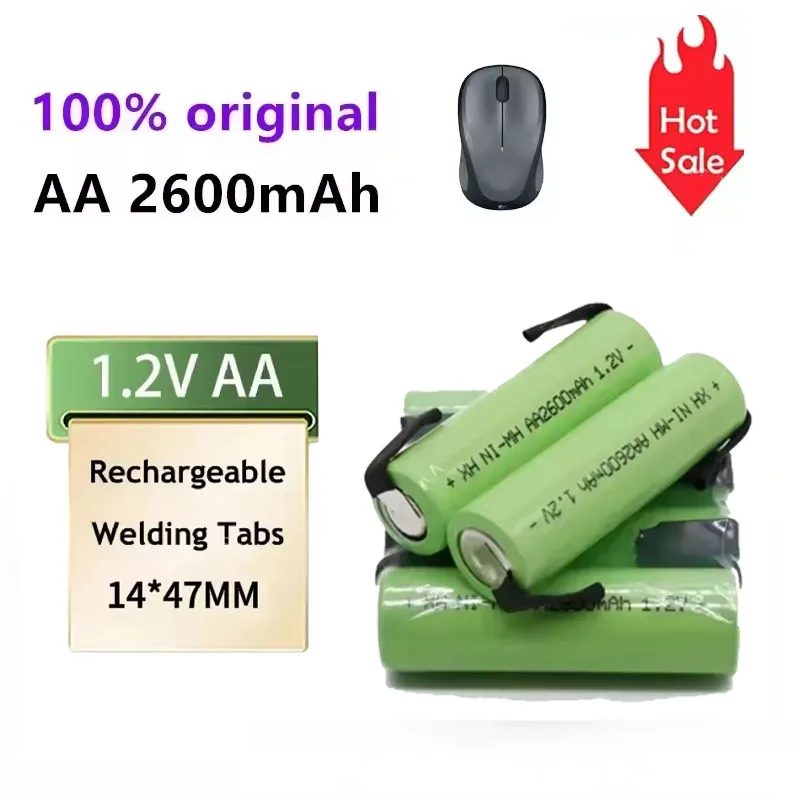 100% New Rechargeable AA Battery Original 1.2V 2600mAh AA NiMH Battery with Welding Pins for DIY Electric Shaver Toothbrush Toys