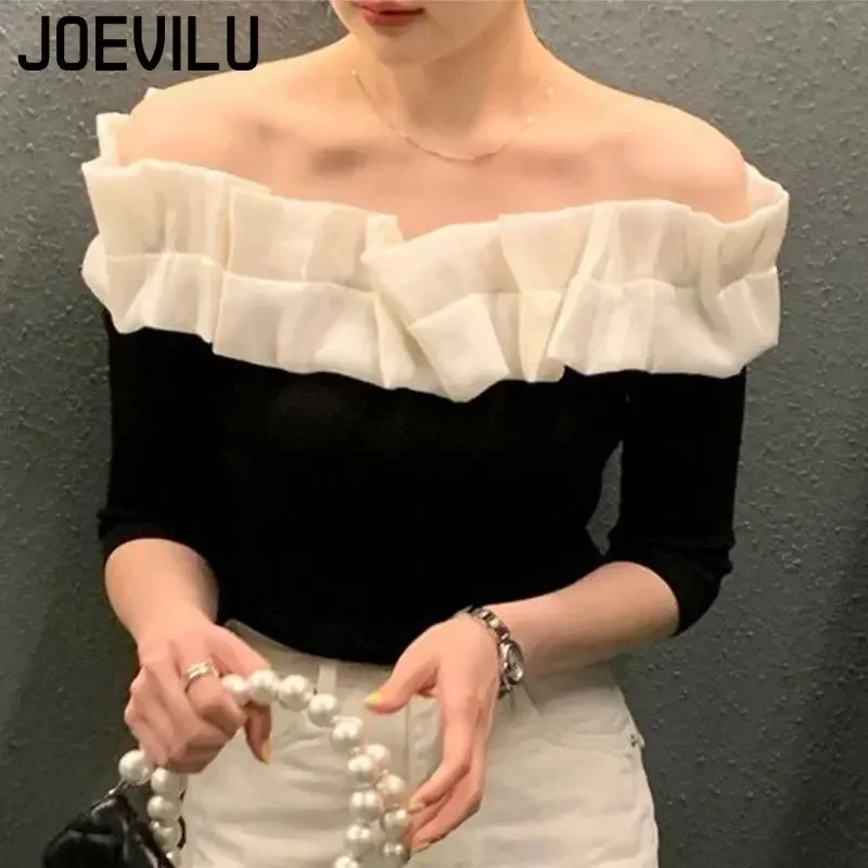 

Off Shoulder Crop Top Ruffle Contrast Pleated Short Sleeve T-shirt Women's French Summer Elegant Blouses Slim Fitting Chic Tops