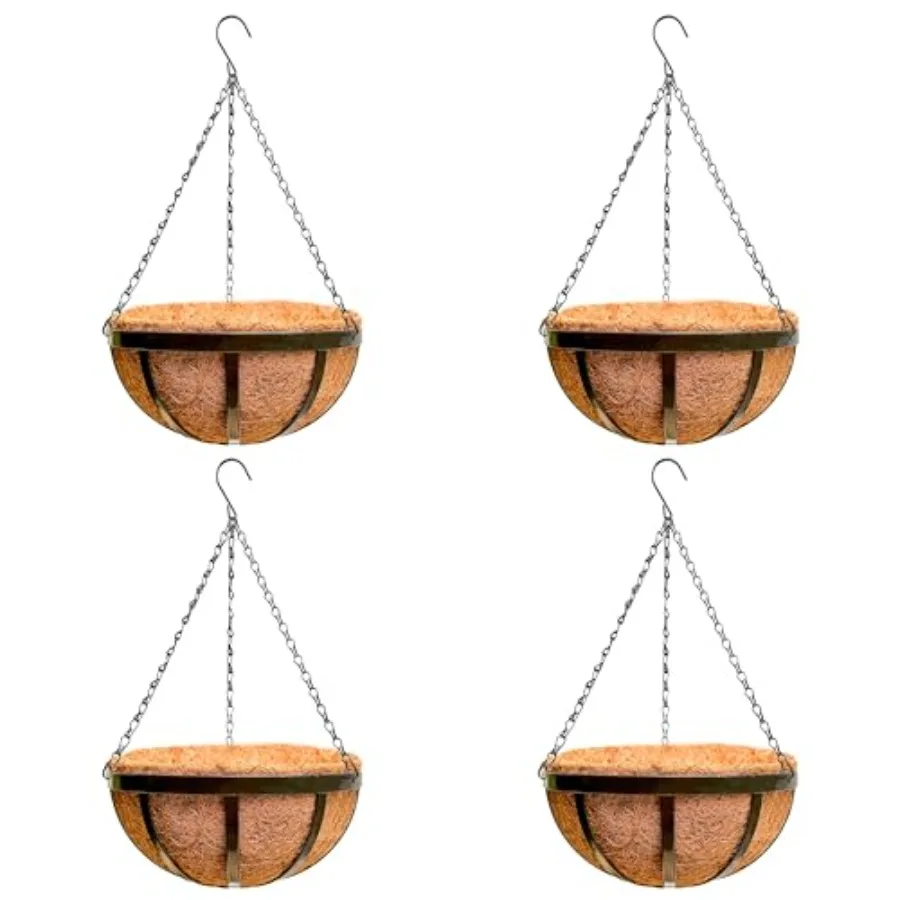 

LaLaGreen Outdoor Hanging Baskets for Plants 4 Pack 16 Inch Black Large Hanging Planter with Coco Liner Flat Iron Plant Pot Met