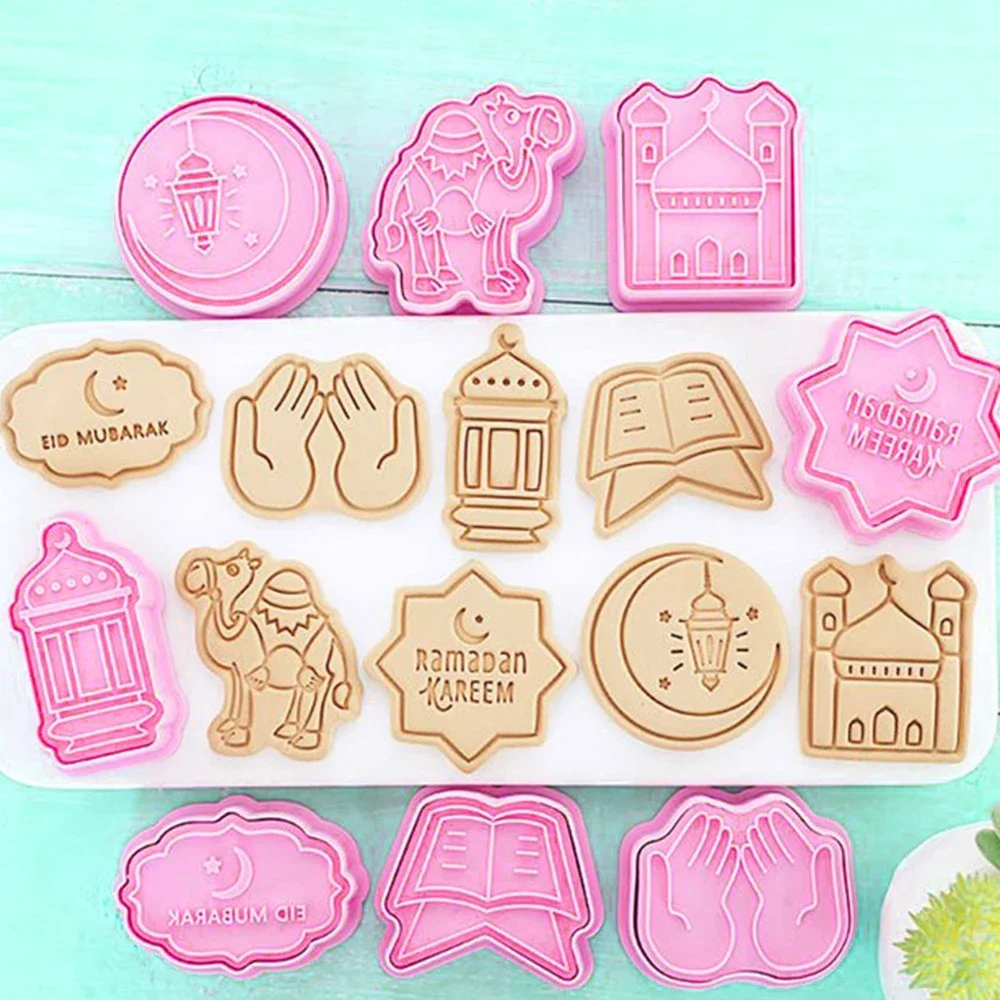 8Pcs Cookie Cutter Stamp for Eid Mubarak Eid al Fitr The Quran Mosque Camel Pressable Biscuit Mold Fondant Baking Pastry Tools