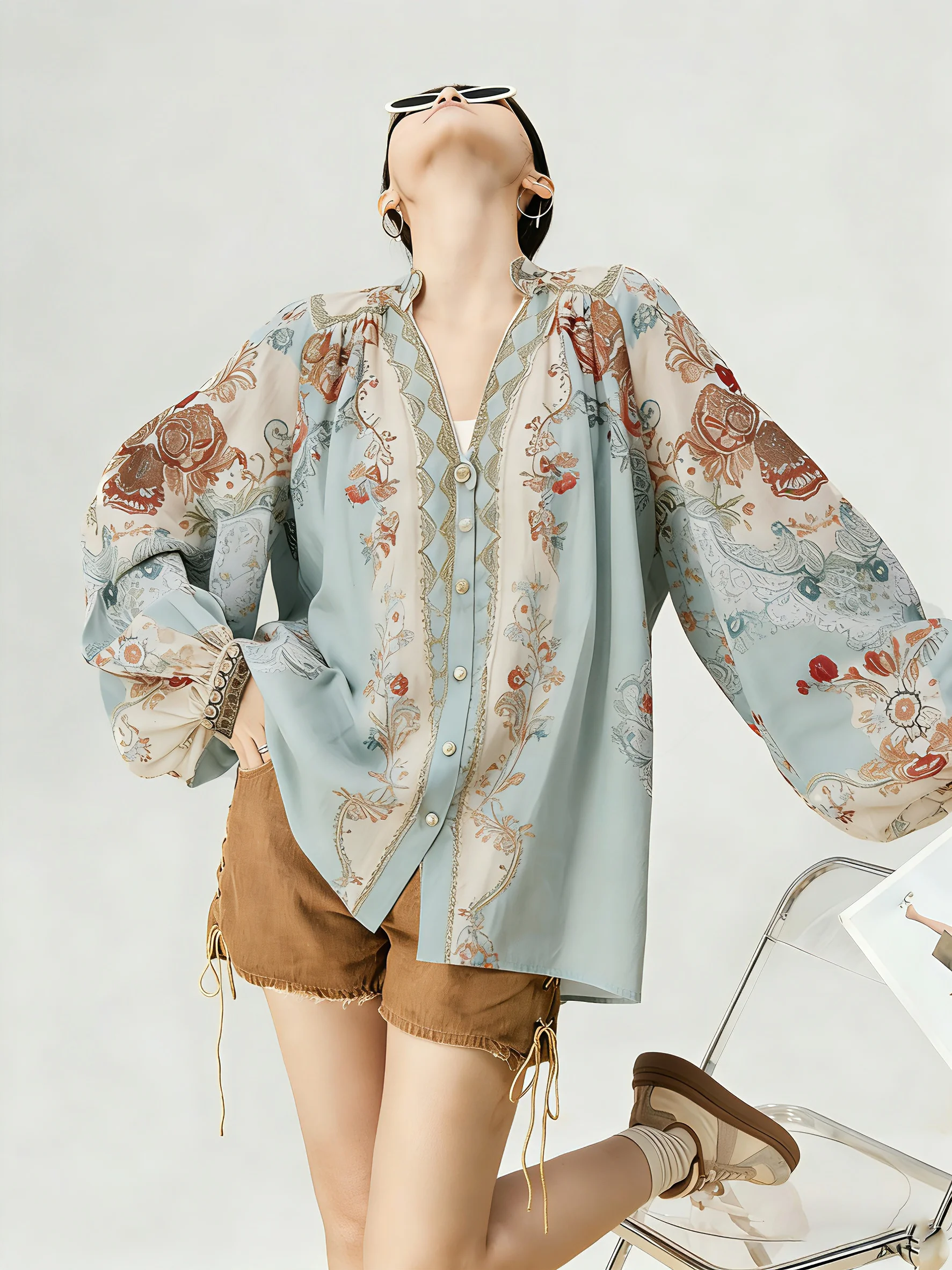 

Bohemian Style Blue Green Print Lantern Sleeve Shirt Women's Fashionable Fairy-Like Top Spring Season Casual Loose Fit Long S...