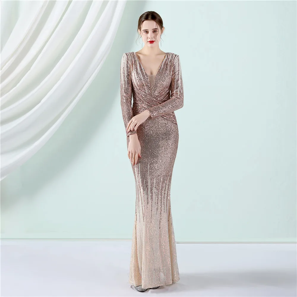 Women's long-sleeved evening dress new fashion long sequined dress