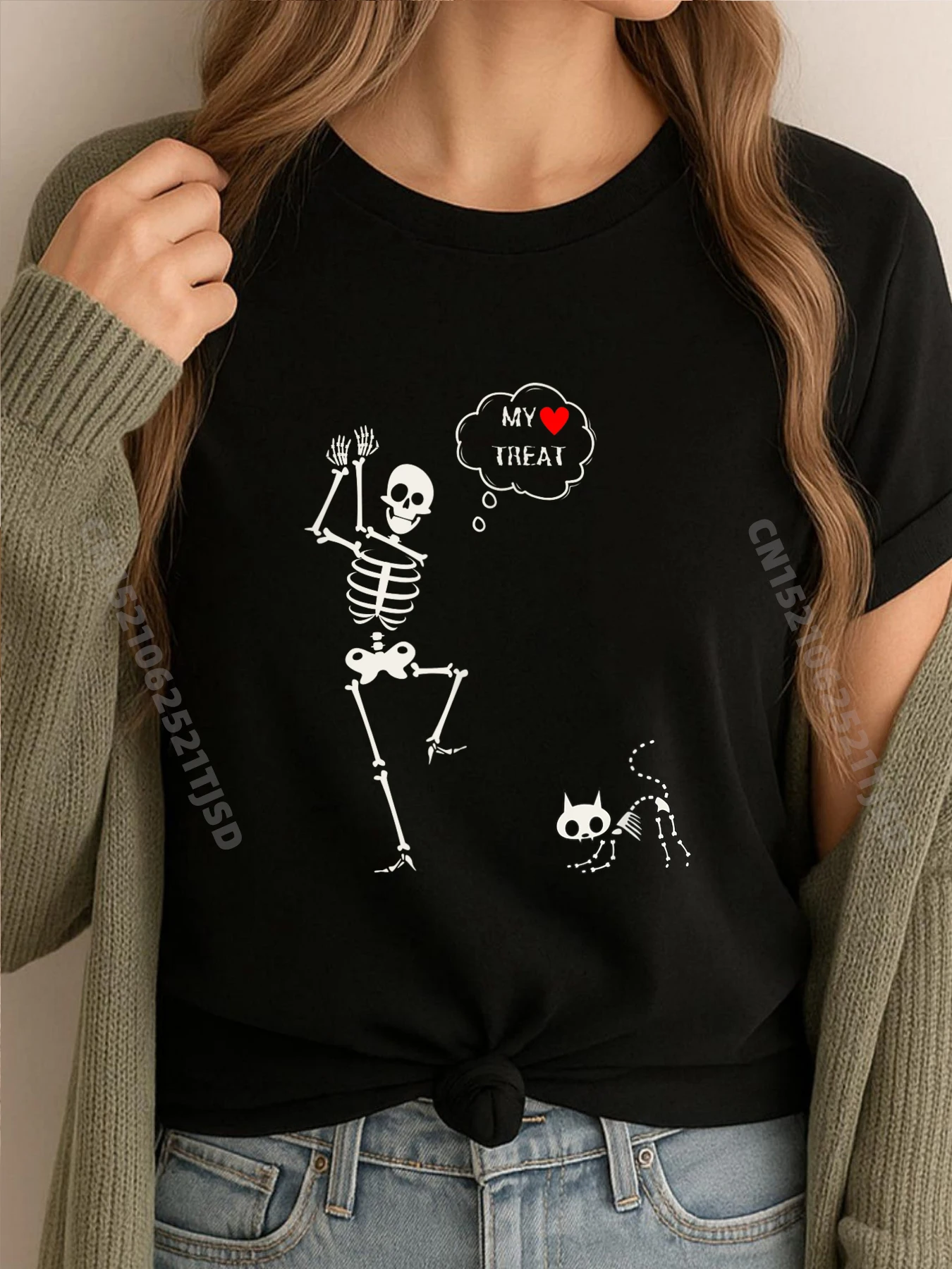 

Милый Хэллоуин My Treat Design Забавные скелеты Кошачий скелет Дизайнерская футболка Весенние мужские футболки Повседневные