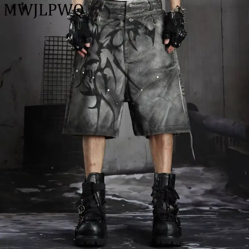MWJLPWQ Gradient Short Pant Tribal Dark Gothic Print Side Metal Stud Rivet Decor High Waist Men Punk Oversize Casual Bottom16957