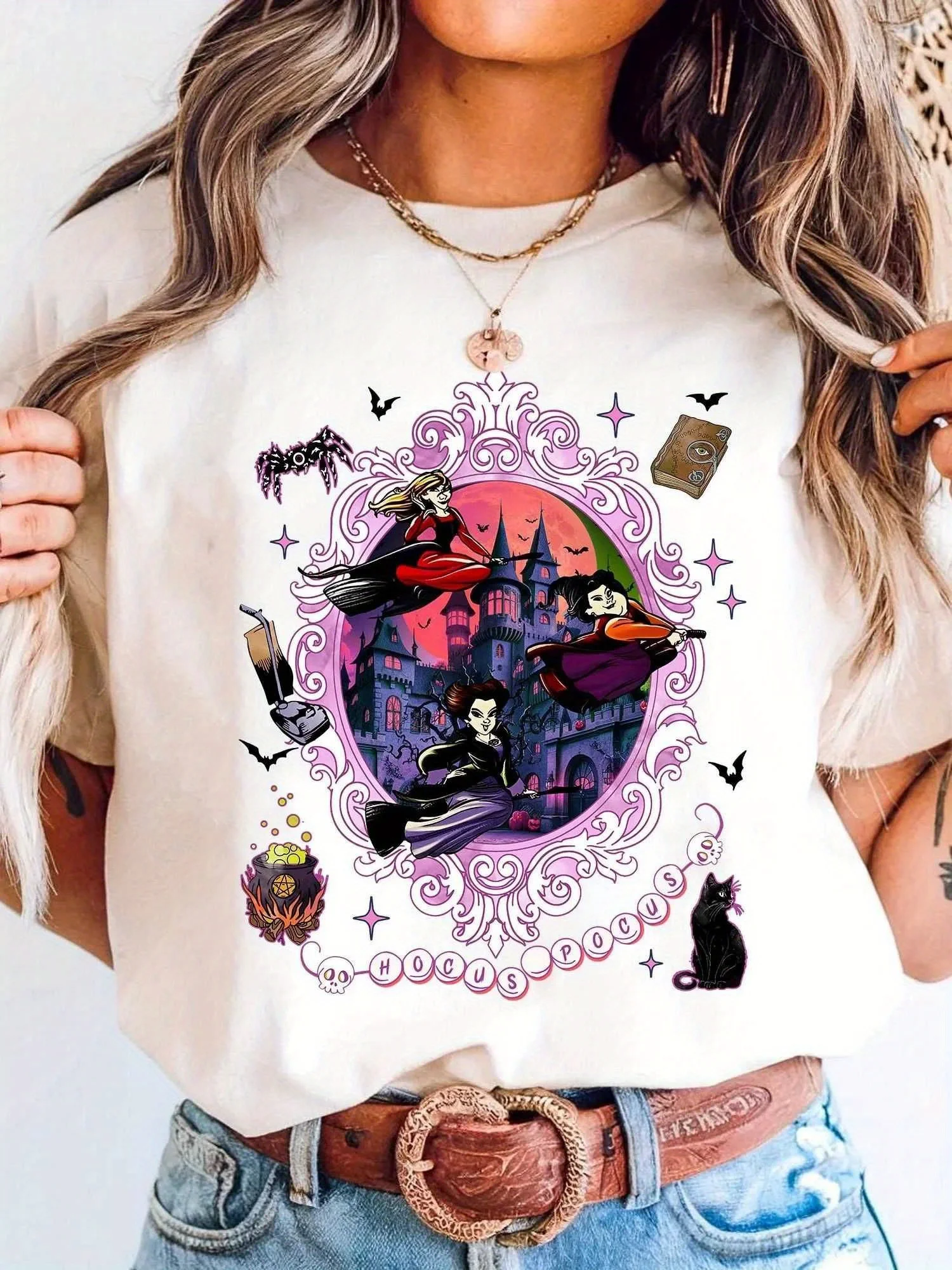 قطعة واحدة من تي شيرت ديزني هوكوس بوكوس ساندرسون سيسترز - زي الساحرة العتيق مع ويني وماري وجولي، تي شيرت ناعم برقبة دائرية للنساء