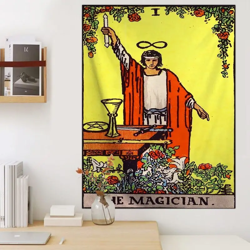 VIKAMA The Magician Tarot Card Wall Tapestry Yellow Background Red Robe Candle Chalice Pentagram Sword Rose Mystical Occult Soft
